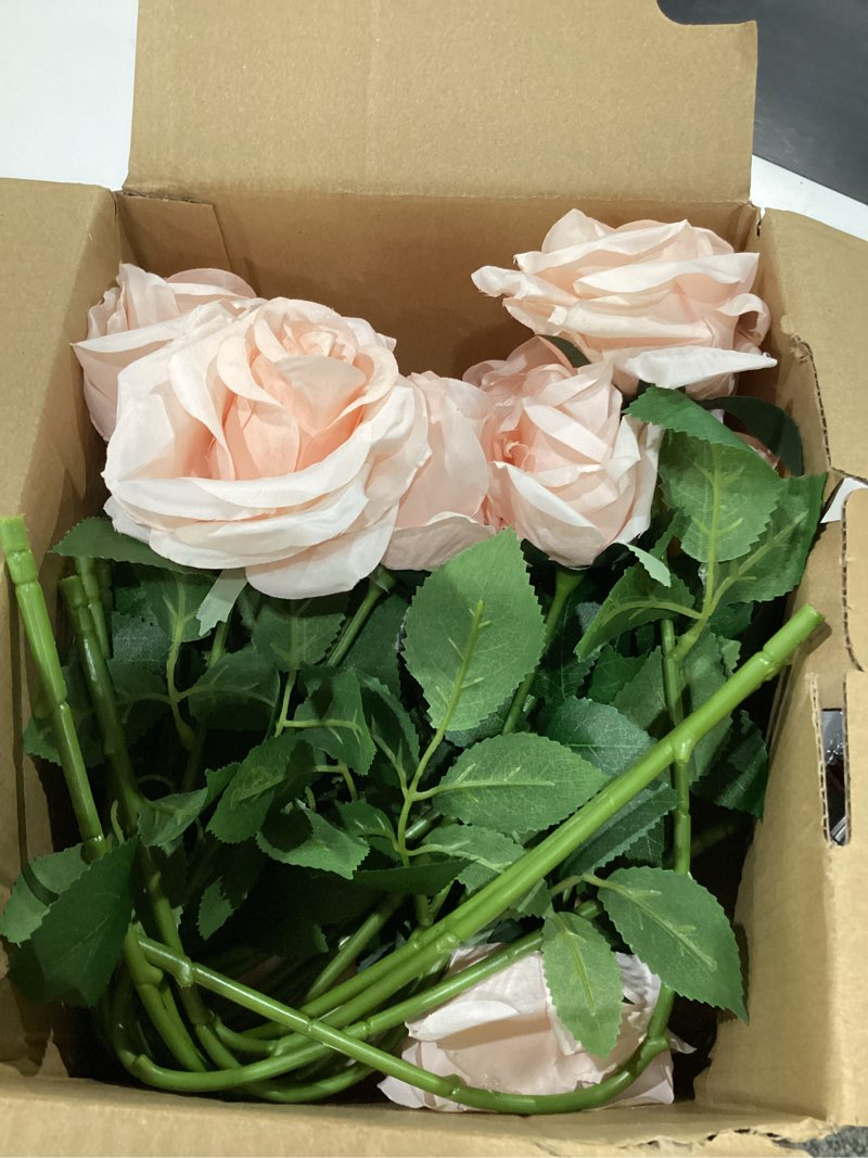 Condition photo showing New/Like New for 15pcs blush roses artificial flowers silk fake flowers realistic pink roses bouquet long stemink for wedding home party birthday decoration bush 15