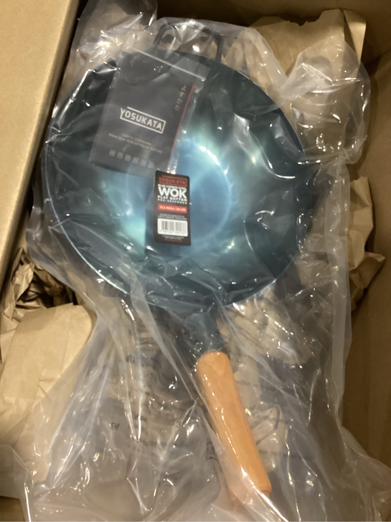 Condition photo showing Good Condition for yosukata 13.5” blue carbon steel wok pan – pre-seasoned flat bottom wok compatible with open fire, gas, electric, ceramic, induction cooktops -traditional chinese pan for stir fry, bbq, grill, camping 13.5 inches blue