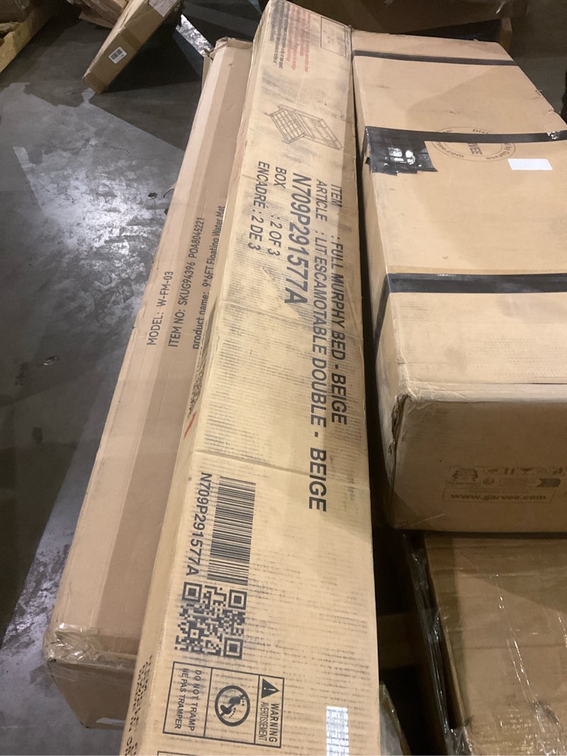 Condition photo showing As Is for Merax Full Size Murphy Bed with Storage Cabinets, Rustic Solid Wood Wall Bed with 3 Cabinet Shelves, Space Saving Foldable Bed for Studio Apartment, Guest Room, Home Office, Beige Beige Full