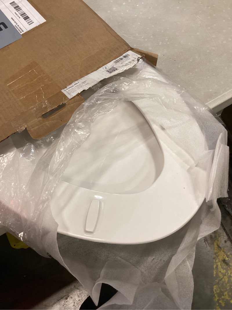 Condition photo showing As Is for centoco elongated toilet seat, heavy-duty wood core with plastic scratch-resistant finish, made in the usa, 900-001, white white standard elongated