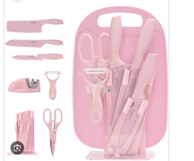 cute knife set in pink, includes 3 kitchen knives, ceramic peeler and multipurpose scissor, dishwash