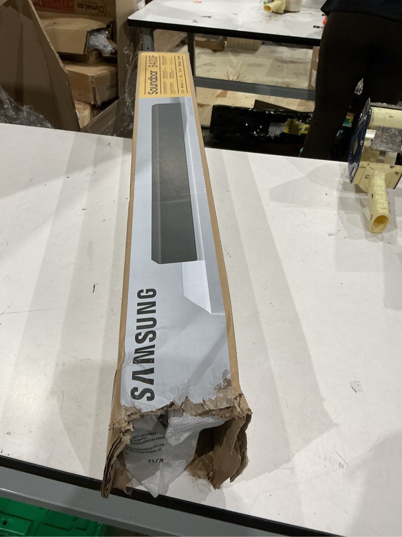 Condition photo showing As Is for samsung b-series soundbar hw b400f 2.0 ch soundbar with built in subwoofer (2025 model) one remote control, surround sound expansion, voice enhance mode hw-b400f soundbar