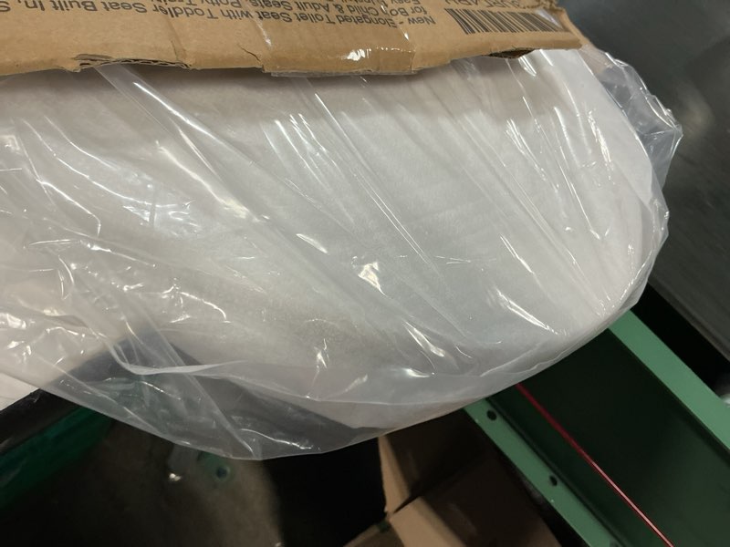 Condition photo showing As Is for 1m family toilet seat, patented slow close & quick releasing technology, anti-wiggling, easy to install and clean, standard elongated with toddler seat built in (1 piece) 1 elongated with toddler seat built in