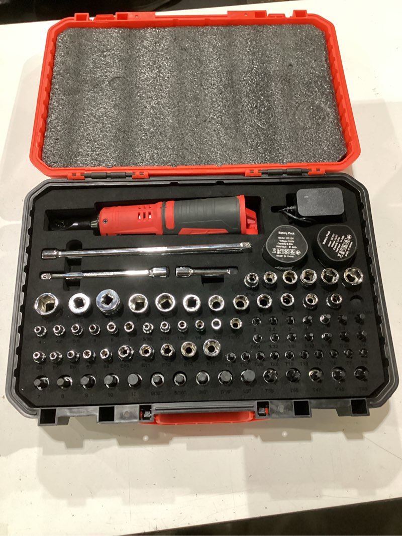 Condition photo showing Good Condition for aoben cordless electric ratchet wrench with 83pc 1/4" to 3/8" impact sockets set,12v electric wrench with variable speed,3/8" to 1/4" adapter, 3" extension bar extra large