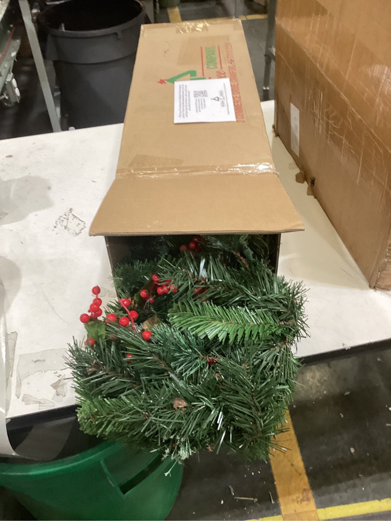 Condition photo showing Good Condition for national tree company 9 ft pre-lit wintry pine flocked artificial christmas garland, christmas decoration with pinecones, red berries, 100 clear lights, 184 tips, green