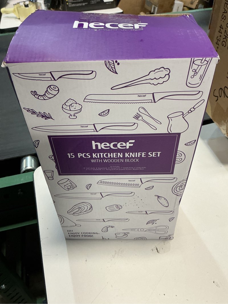 Condition photo showing New/Like New for hecef 15 Pieces Kitchen Knife Set with Built-in Sharpening Wooden Block, Dishwasher Safe, High Carbon Stainless Steel Knife Block Set with Steak Knives, Kitchen Scissors, Purple