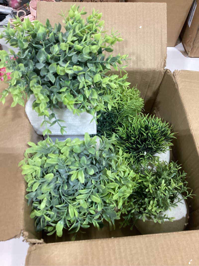 Condition photo showing As Is for lemonfilter small fake plants, 5 pack mini potted artificial eucalyptus plant greenery plastic fake plants faux plant for table shelve bathroom kitchen rustic farmhouse indoor decor 2 green+3 grey 5 pack