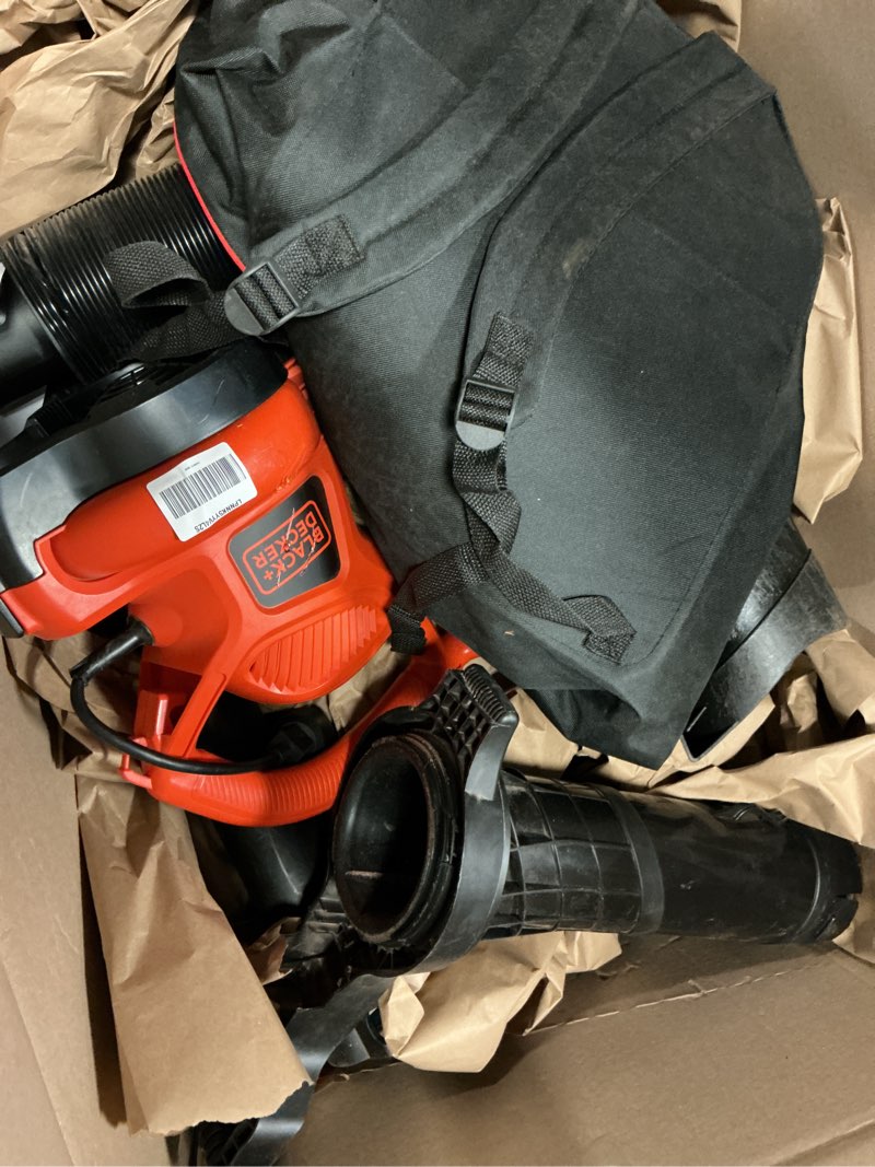 Condition photo showing As Is for black+decker leaf blower, leaf vacuum and mulcher 3 in 1, backpack blowers for lawn care,250 mph airflow, 400 cfm delivery power, reusable bag included, corded (bebl7000)