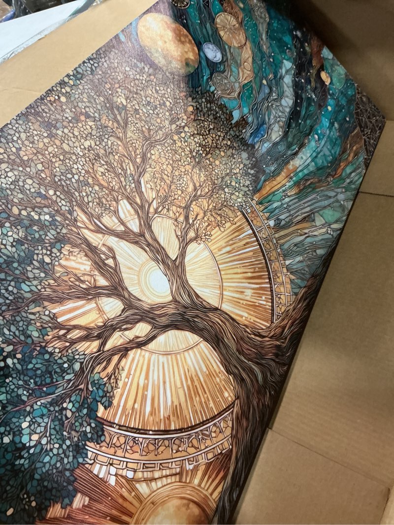 Condition photo showing Good Condition for large frame tree of life canvas wall art sun and moon cosmic picture wall decor celestial tree of life poster print for meditation corner yoga room living room bedroom home decoration 40x20in cosmic tree of life 40"l x 20"w