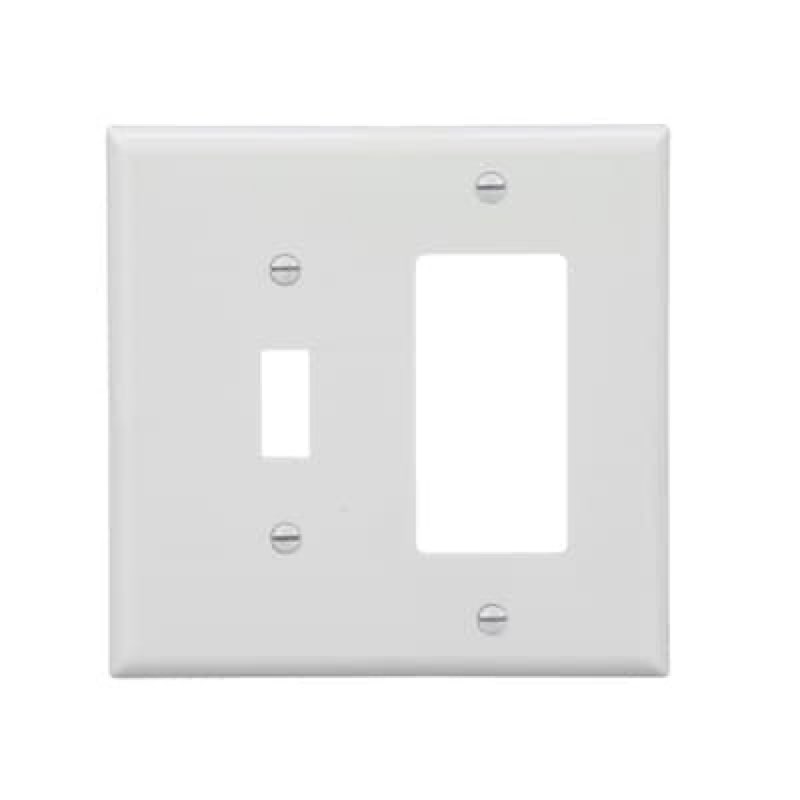 Condition photo showing As Is for eaton 2 -gang midsize size white polycarbonate indoor toggle/decorator wall plate