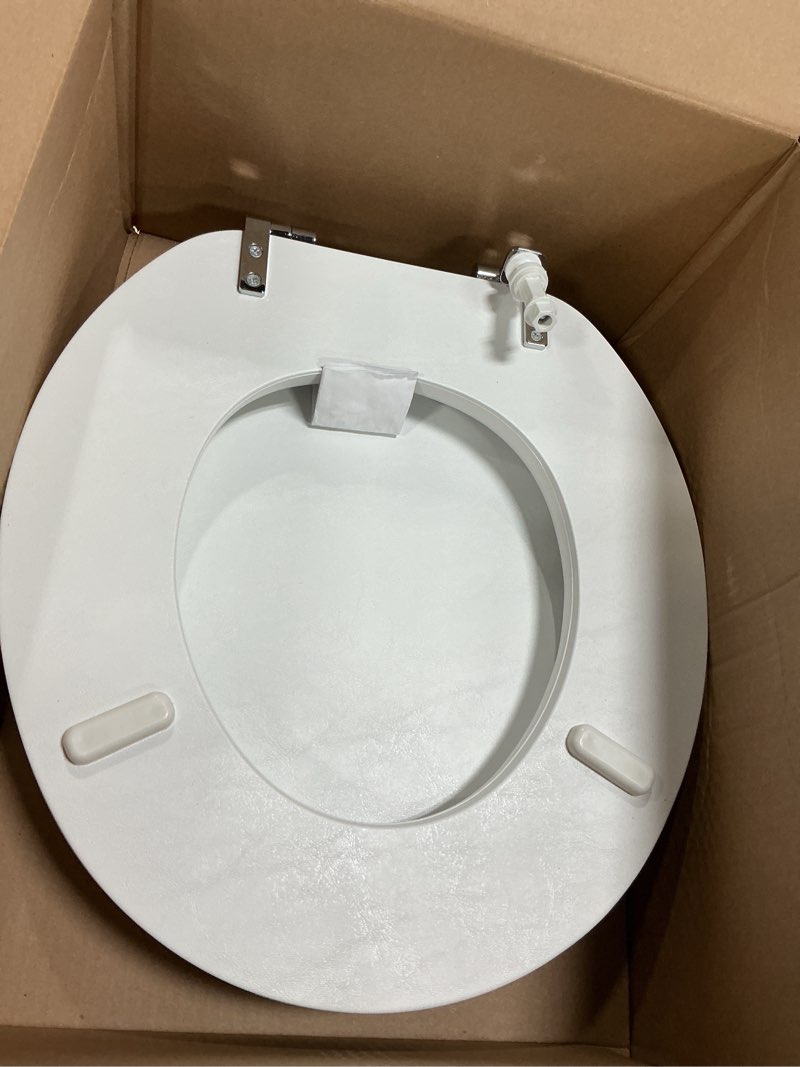 Condition photo showing As Is for Mayfair Padded Toilet Seat with Chrome Hinges, Soft Vinyl over Wood Core Seat, Made in USA, Round, White Elongated Seat