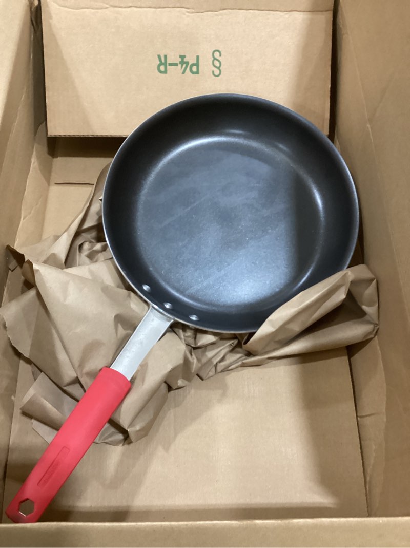 Condition photo showing As Is for tramontina professional 12-inch non stick large frying pan, heavy-gauge aluminum skillet with reinforced nonstick coating, red handle, dishwasher and oven safe nonstick (red handle) 12 inch