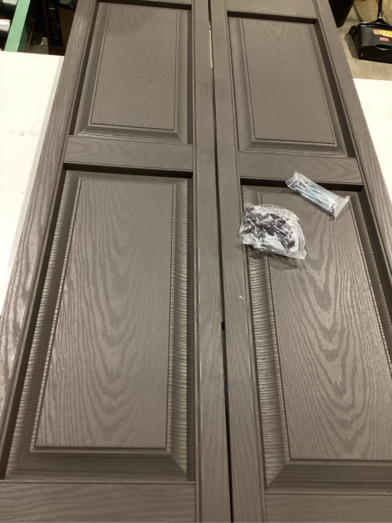 Condition photo showing New/Like New for mid america raised panel vinyl shutters (1 pair) musket brown with mounting hardware musket brown 14.75"w x 67"h