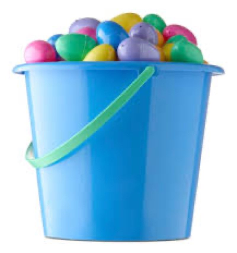 Easter Cle@rance Find Jumbo blue pail filled with 96 eggs.