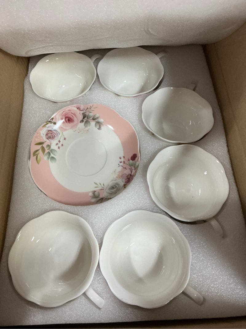 Condition photo showing New/Like New for floral porcelain tea cup set of 6 (12-piece), 6 cups & 6 saucers with rose pattern, 6oz scalloped edge coffee cups, dishwasher & microwave safe, elegant gift pink