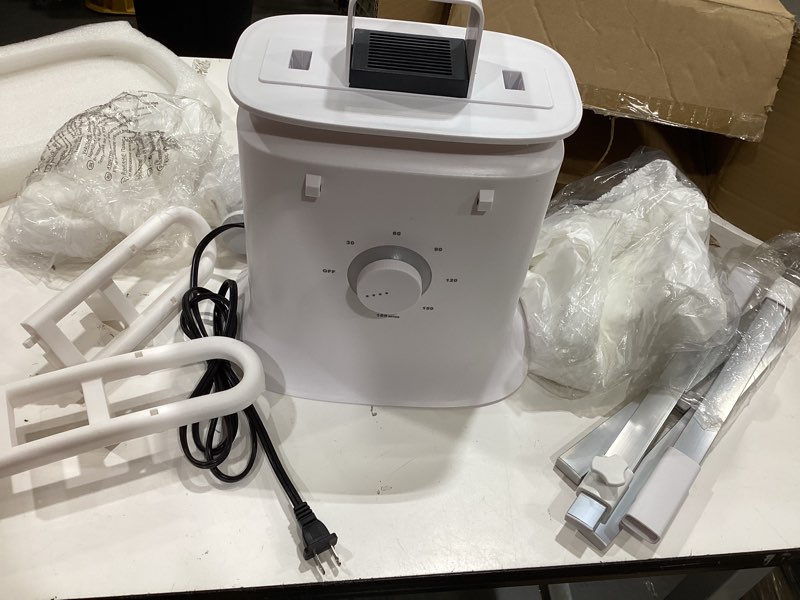 Condition photo showing As Is for portable automatic garment dryer & ironing machine, hands-free clothes wrinkle remover with hot air, fast drying for shirts and pants, space-saving apartment & dorm essentials white
