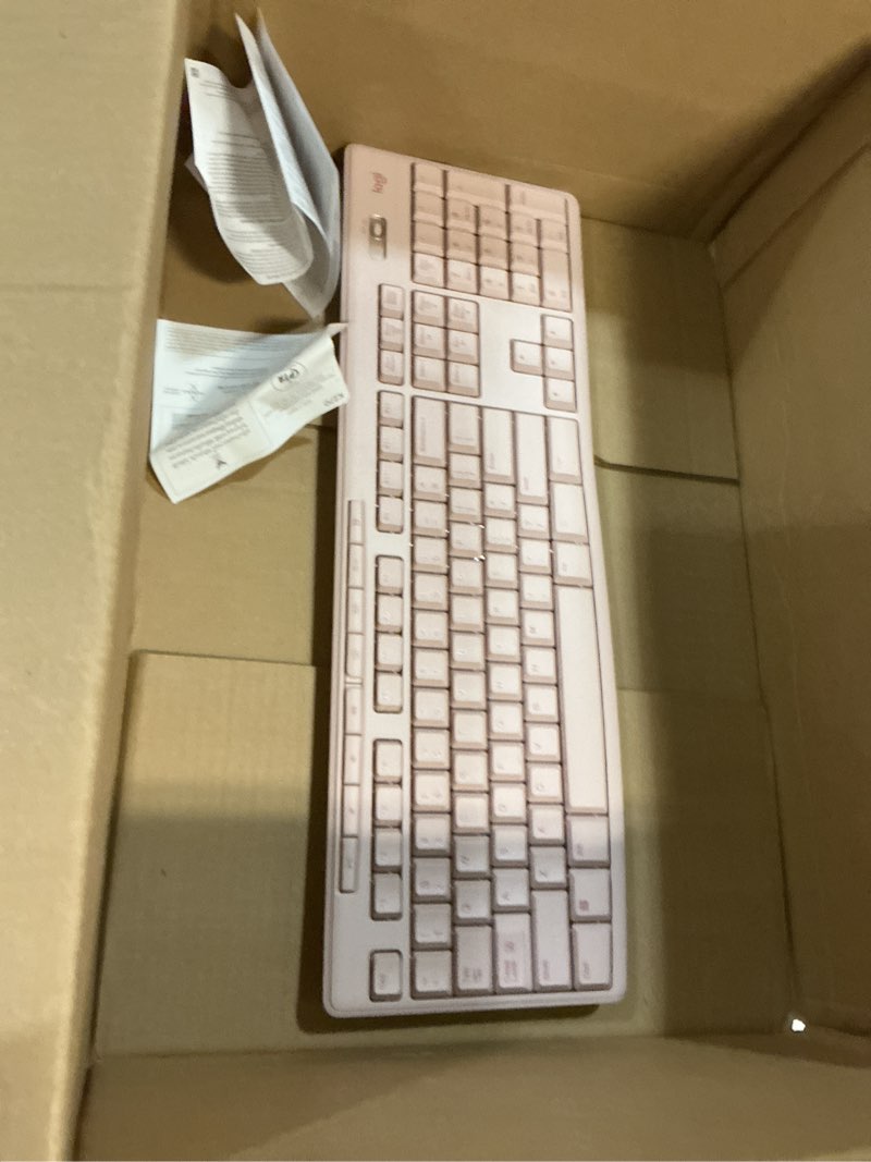 Condition photo showing New/Like New for logitech k270 wireless keyboard for windows, 2.4 ghz wireless, full-size, number pad, 8 multimedia keys, 2-year battery life, compatible with pc, laptop - rose rose 1 pack keyboard