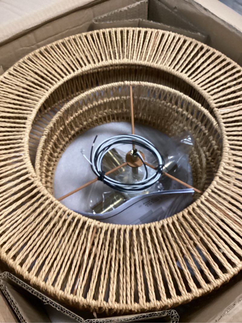 Condition photo showing New/Like New for 4 light pendant lighting, farmhouse hanging light fixture for kitchen island & dining room, industrial vintage ceiling lamp with e26 base, adjustable height, 20” large boho rattan chandelier 20" rattan pendant - 4-light (brown)