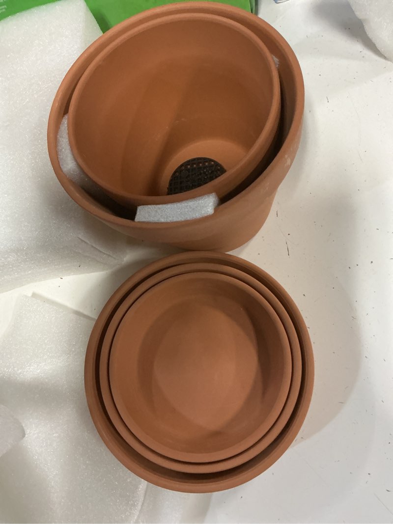 Condition photo showing As Is for ( incomplete ) ingofin terracotta pots set with saucer - 5/6/7 inch ceramic clay planters with drainage hole, garden flower succulent pots with tray for indoor outdoor plants, set of 3 5/6/7 inch -3 pcs