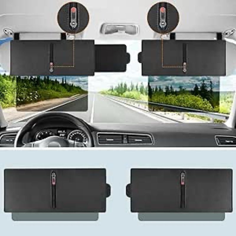 Veharvim 2 Pack Polarized Sun Visor Extender/ Extension with PC Lens and Side Sunshade, Anti-Glare, UV-Filtering for Car with Zipper Slider (Driver + Passenger Side), Upgraded UV400