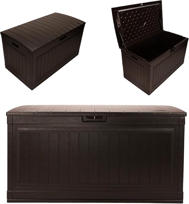 Suncast Outdoor Storage Box - 73 Gallon Mocha Brown Deck Box for Patio, weather-resistant Outdoor Storage Bench, Resin Wicker Style, Heavy-Duty, Lockable Lid for Cushions, Shoes, Pool & Garden Gear