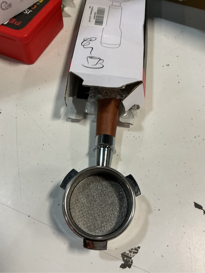 Condition photo showing As Is for 54mm bottomless portafilter with puck screen & wdt tool – compatible with breville barista express/pro/touch, bambino plus, infuser, duo-temp pro, filter basket included and rosewood handle