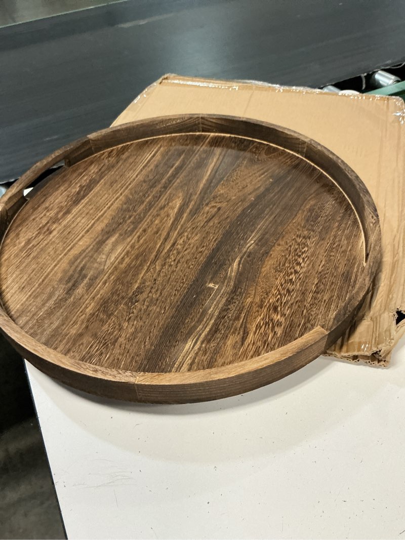 Condition photo showing Good Condition for 22 inch round wooden tray for decor large ottoman serving | rustic farmhouse decorative tray for coffee table centerpiece living room home decor 22"