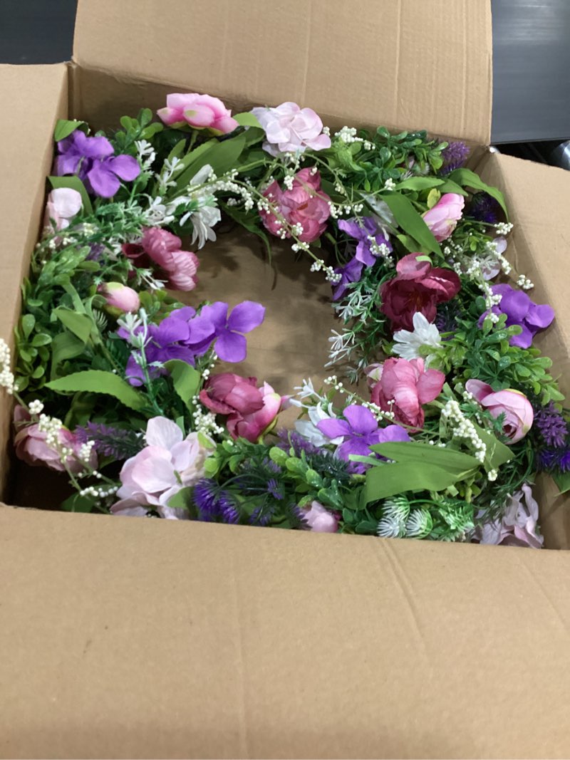 Condition photo showing Good Condition for Large Spring Wreaths for Front Door 22 Inch Summer Door Wreaths Artificial Flowers Wreath for All Seasons Indoor Outdoor, Floral Peony Hydrangea Lavender Daisy Wreath Greenery Leaves for Wall Window