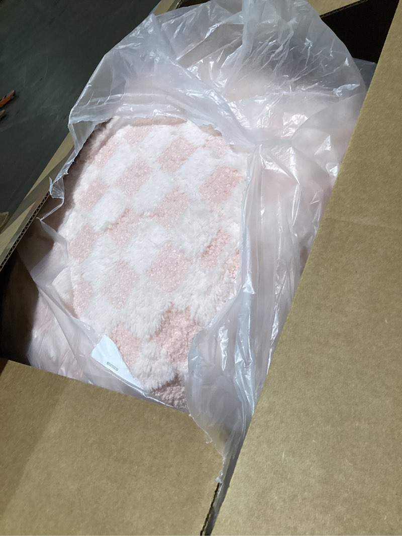 Condition photo showing Good Condition for HIGOGOGO Round Stuffed Pouf Ottoman, Plaid Poufs with Foam Chunk Filling, Fluffy and Furry Pouf Foot Stool Storage Ottoman, 20 X 15 Floor Poufs Foot Rest for Living Room, Pink 20 inch Plaid Pink