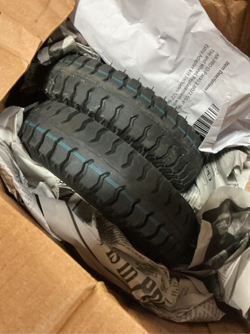 Condition photo showing Good Condition for ar-pro (2-pack) 2.80/2.50-4" tire and wheel set - 8 inch wheelbarrow tire and wheel replacement with 3/4" bearings and 3" centered hub - extra adapter kit includes 1/2" bearings 2.80/2.50-4", 8 inch red (2 pack)