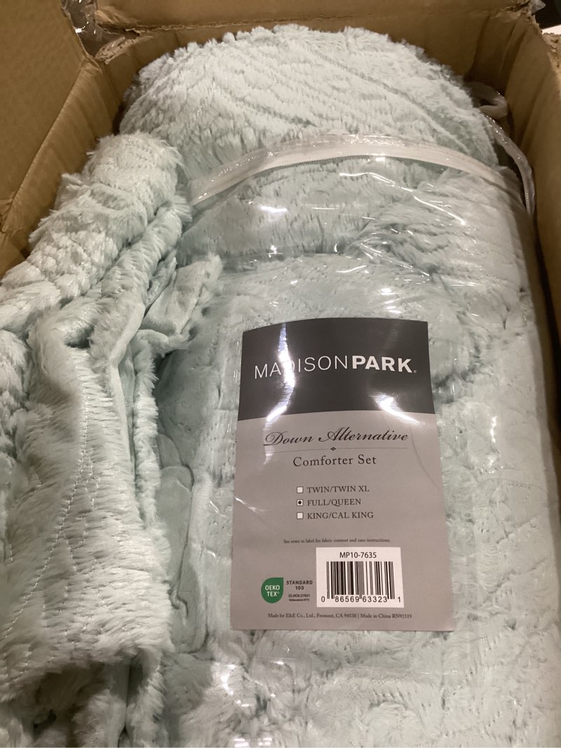 Condition photo showing Good Condition for Madison Park Arya Soft, Cozy Plush Comforter Set, Medallion Embroidered Design, Modern All Season Down Alternative Bedding with Matching Sham, Full/Queen, Aqua 3 Piece