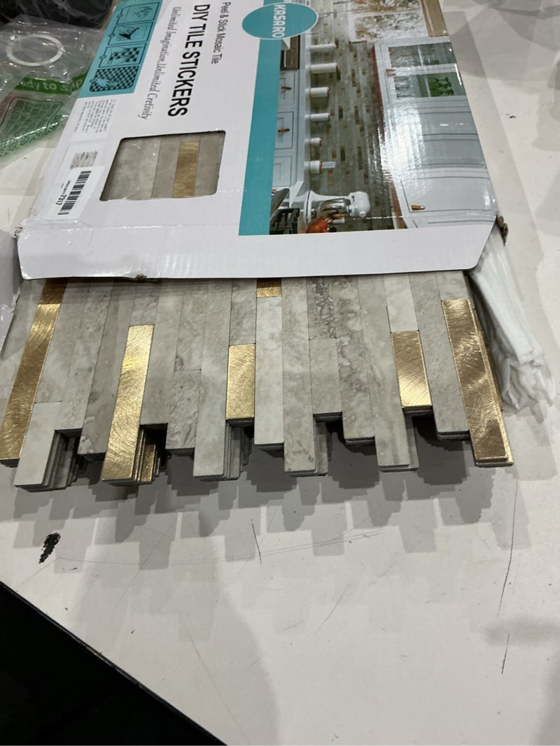 Condition photo showing Good Condition for kasaro peel and stick marble tiles, self-adhesive aluminum wall tile stick on bathroom, fireplace, rv, marble beige with vintage golden embellished stripes, 10-sheet beige + metal gold 10