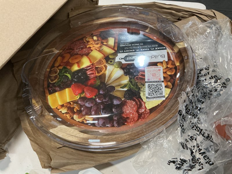 Condition photo showing As Is for farberware build-a-board cutting board with single compartment and clear locking lid for charcuterie, snacks, and more, acacia white/acacia 1 compartment