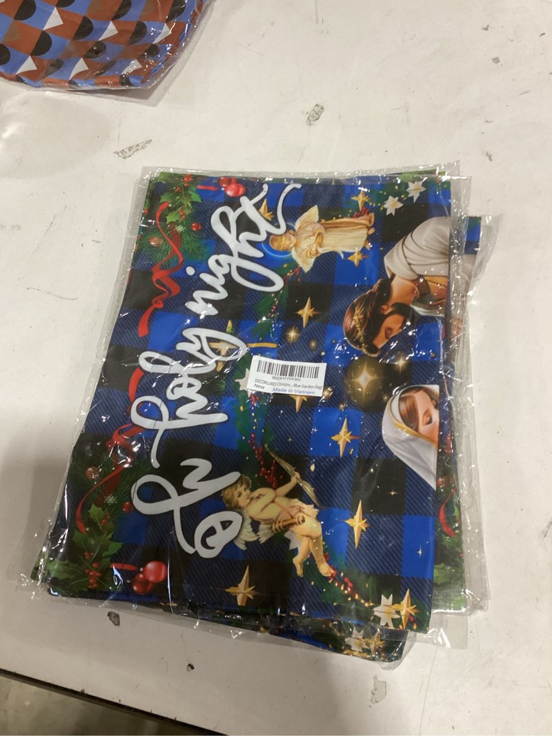 Condition photo showing New/Like New for DECORLUXES Christmas Holy Night Garden Flag 12x18 Inch Double Sided Outside, Winter Festive Holiday Yard Outdoor Decorative (1 Blue Garden Flag)