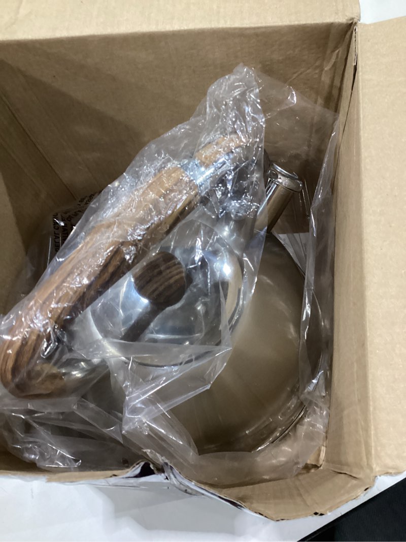 Condition photo showing New/Like New for mr. coffee woodmont 2-quart stainless steel tea kettle with wood handle, stovetop whistling kettle, durable fast-boil tea pot brushed stainless steel w/ wood handle 2.1 quarts
