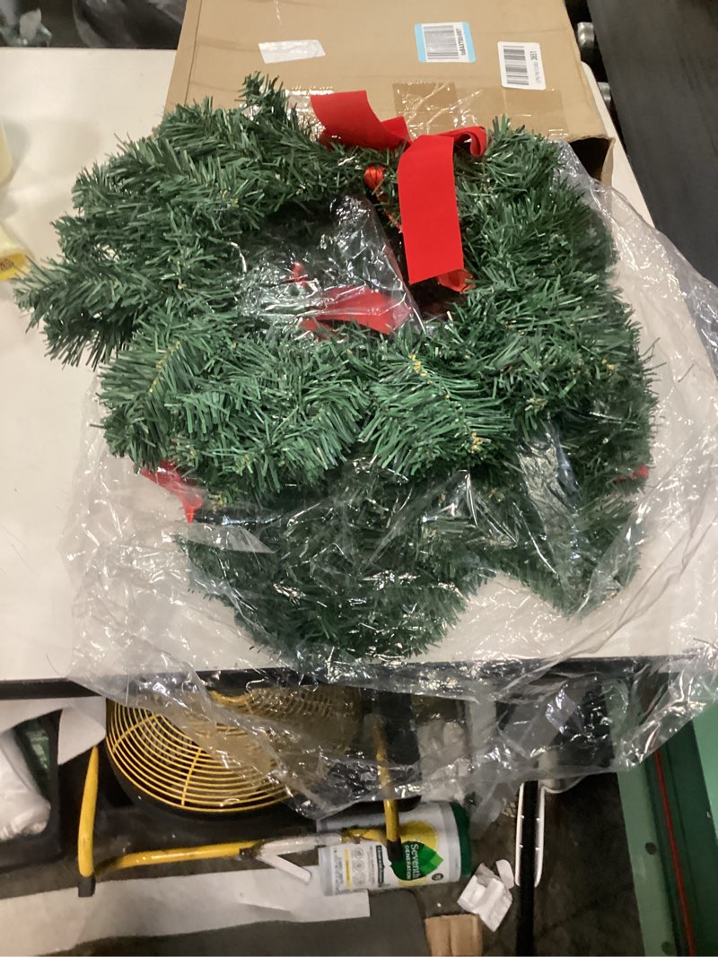 Condition photo showing Good Condition for ((SIMILAR 4 pieces))  Flexible Flyer Battery Operated Wreath for Front Door. Pre-Lit Evergreen Xmas Lighted Holiday Christmas Outdoor Timer, 24\", Red Ribbon Bow