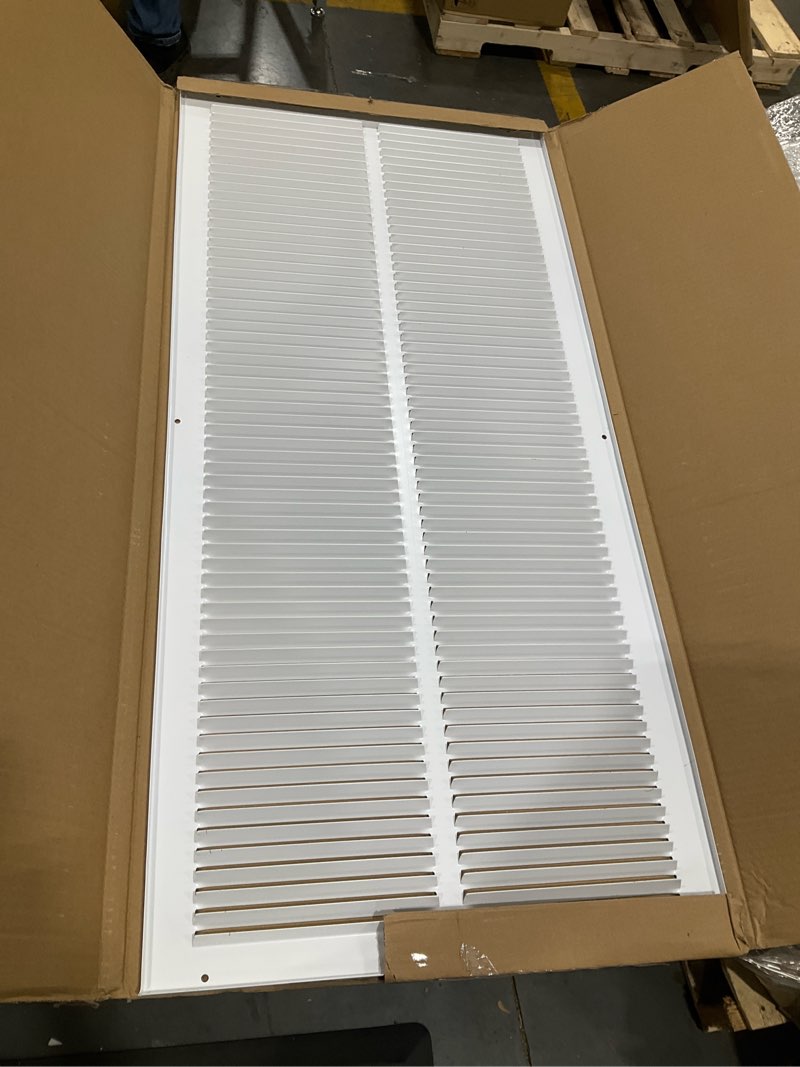 Condition photo showing Good Condition for hvac premium 14'' x 32'' [duct opening] flat stamped steel return air grille - sidewall and ceiling - hvac vent duct cover - white [outer dimensions: 15.75''w x 33.75''h] 14 x 32