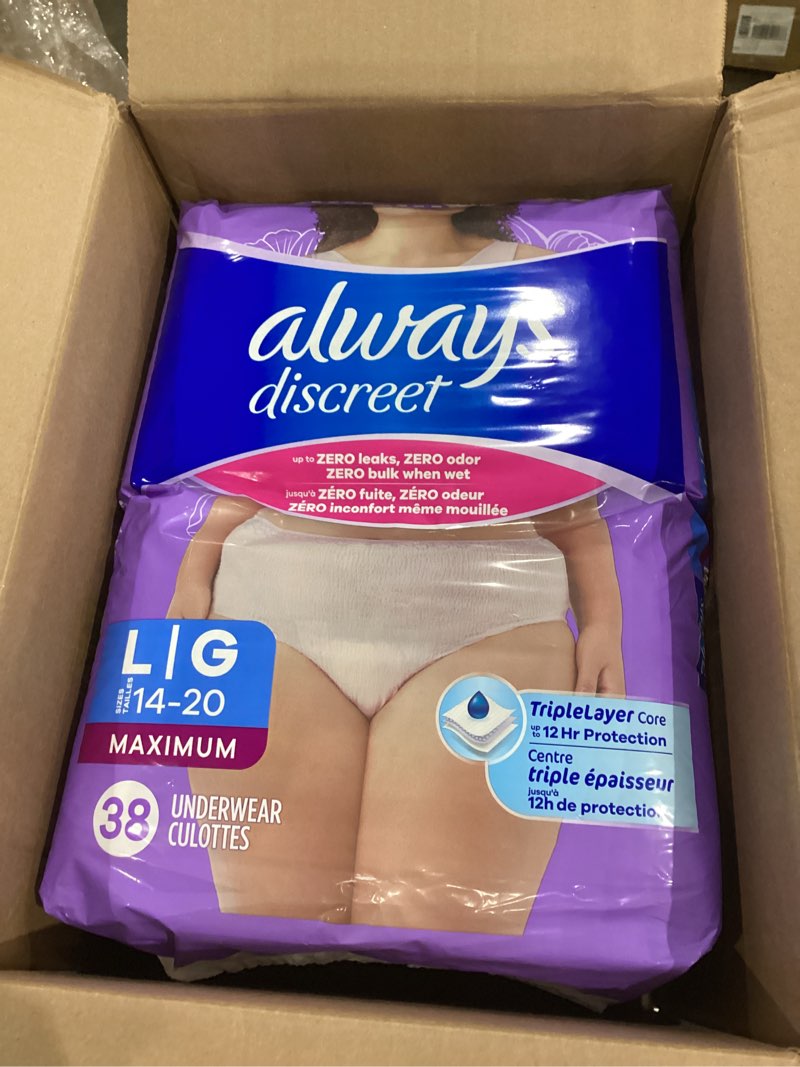 Condition photo showing New/Like New for always discreet sensitive, incontinence & postpartum underwear for women, maximum plus protection, large, 38 count large 76