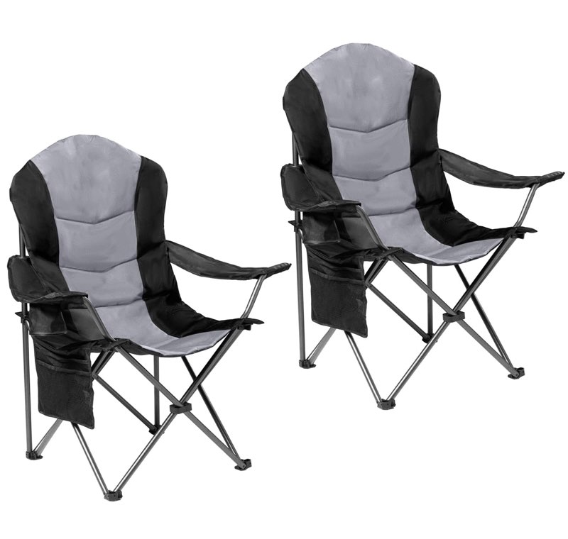 2 pack folding camping chairs for adults - high back padded outdoor lawn chairs with lumbar support & cup holder, 400lbs heavy duty portable camping chairs set (black & light gray)