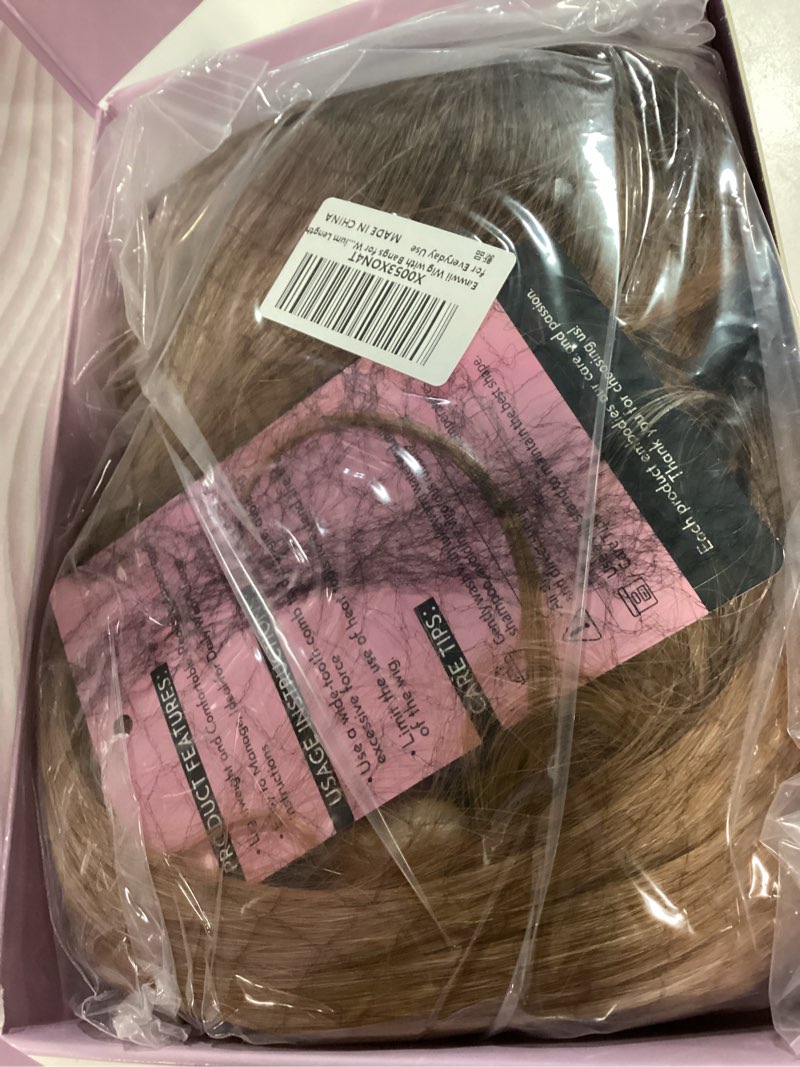Condition photo showing New/Like New for eawwii wig with bangs for women,honey blonde brown synthetic 4x4 scalp wigs | glueless realistic scalp with dark roots,beginner friendly,straight face-framing layers, medium length,daily cosplay wear honey blonde brown mix with dark roots medium