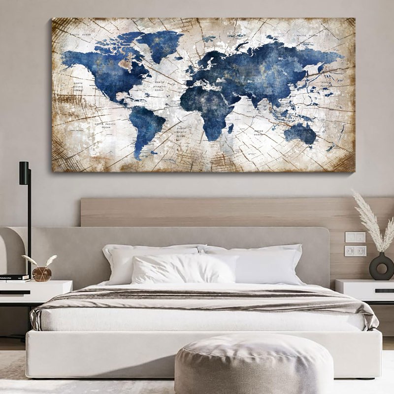 world map canvas wall art abstract navy world maps for wall vintage modern wall art for office framed pictures for living room bedroom wall decoration for home office decor artwork for walls 29x58in