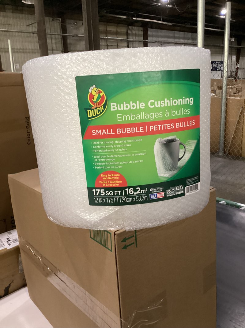Condition photo showing New/Like New for Duck Brand Small Bubble Cushioning Wrap for Moving & Shipping - 175 FT Bubble Packing Wrap for Extra Protection Packaging Boxes & Mailers - Clear Bubble Roll Moving Supplies, Perforated Every 12 IN 12 in. x 175 ft.