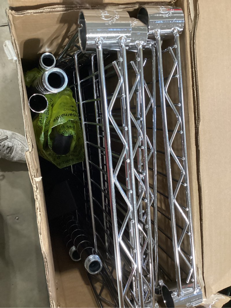 Condition photo showing As Is for style selections 35.7-in w x 14-in d x 53-in h 4 -tier chrome metal wire utility shelving unit incomplete