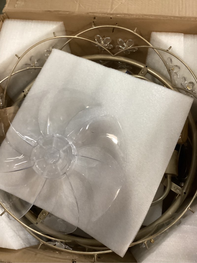 Condition photo showing New/Like New for 20 Inch Gold Caged Ceiling Fan with Light, Flower Chandelier Ceiling Fan with Lights Remote Control, Frower Crystal Fandelier 6 Speeds for Girl's Bedroom, Living Room 20 Inch Fandelier Gold Caged Ceiling Fan with Light