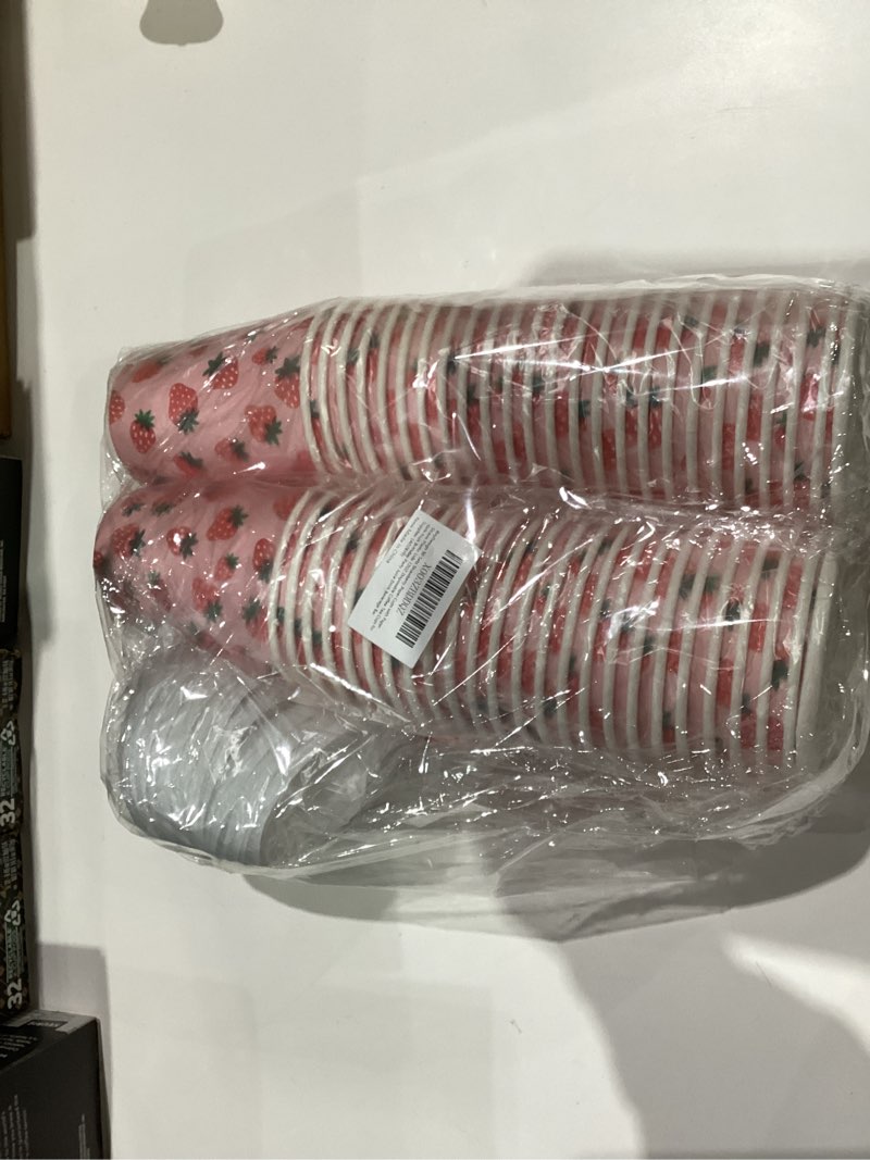 Condition photo showing New/Like New for 50 Sets Strawberry Paper Cups with Paper Straws Plastic Lids 12OZ Disposable Coffee Tea Cups for Girls Fruit Birthday Party Juice Drink Beverage Bar Supplies