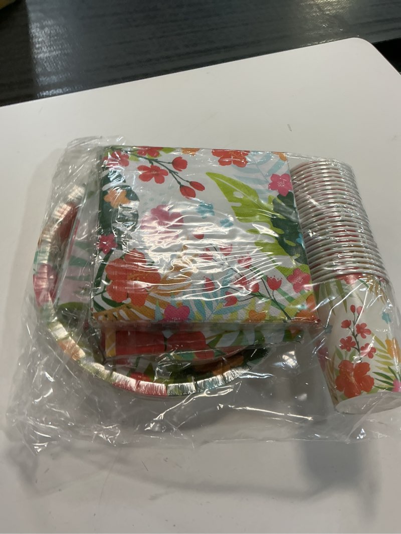 Condition photo showing Good Condition for tropical luau party supplies kit for 25 - aloha hawaiian party decorations with disposable paper plates, napkins, cups, tablecloth, and banner | bbqs & summer party