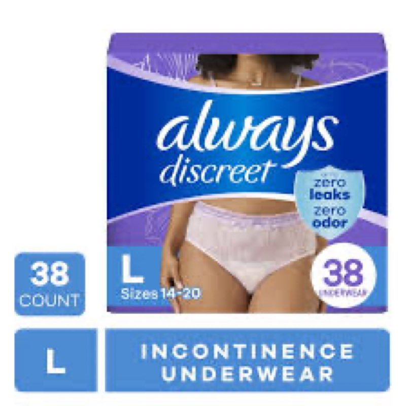| 7,713 Always Discreet Adult Incontinence Underwear for Women and Postpartum Underwear, L, Up to 100% Bladder Leak Protection, 38 Count