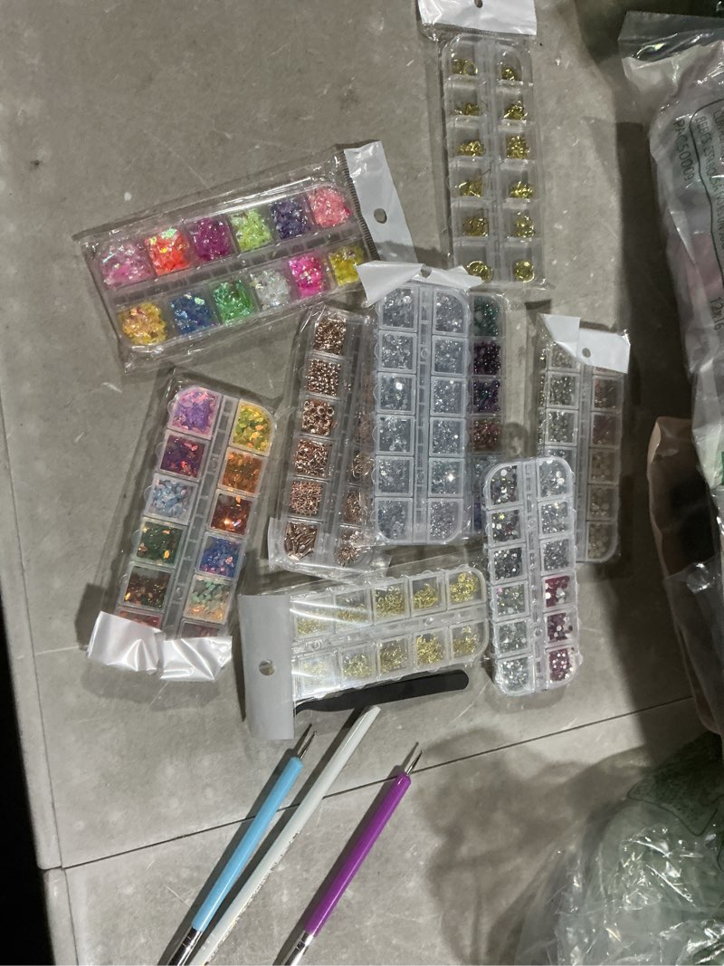 Condition photo showing Good Condition for artdone 9 boxes nail rhinestones,nail gems nail diamonds,nail art studs nail crystals nail sequins for nails kit with 1 tweezers and 3 pen for nail art supplies accessories 9boxes