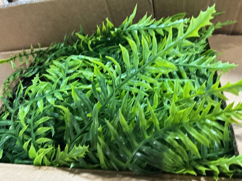 Condition photo showing Good Condition for artificial ferns plants with hanging basket-2 set for outdoor decoration,fake boston fern hanging planters faux greenery uv resistant for front porch patio garden farmhouse home decor (green)