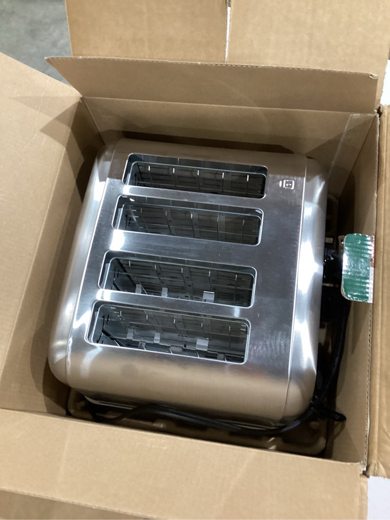 Condition photo showing As Is for cuisinart 4 slice compact stainless steel toaster with extra-wide slots for bread, french toast, bagels & pastries, defrost & reheat functions, cpt-180p1, brushed stainless, removable crumb tray